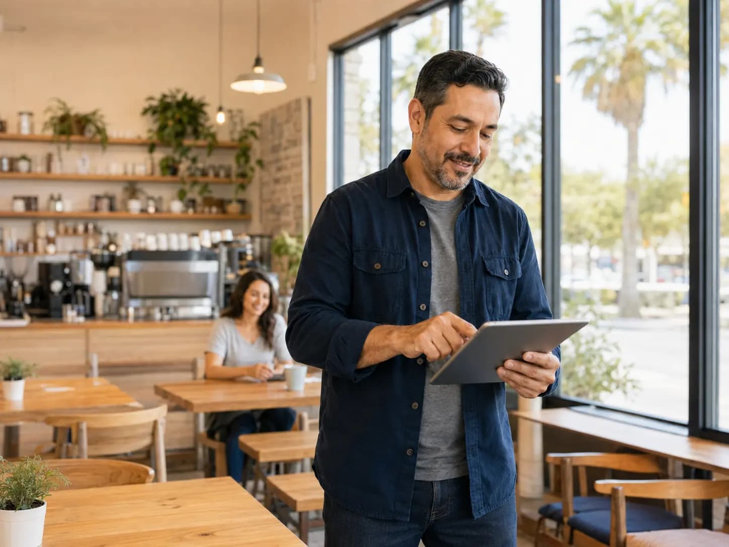 Local business owner using a tablet inside his café